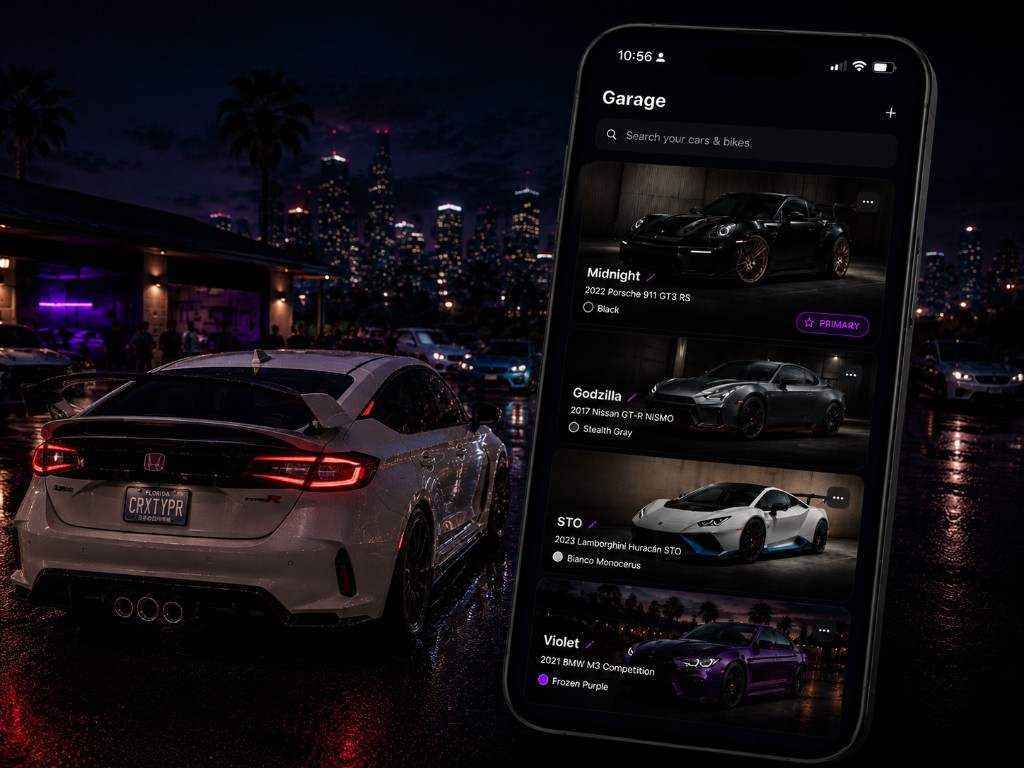Driftd Garage with vehicle cards and primary car on iPhone, over a wet night meet with a Honda Civic Type R and city skyline.