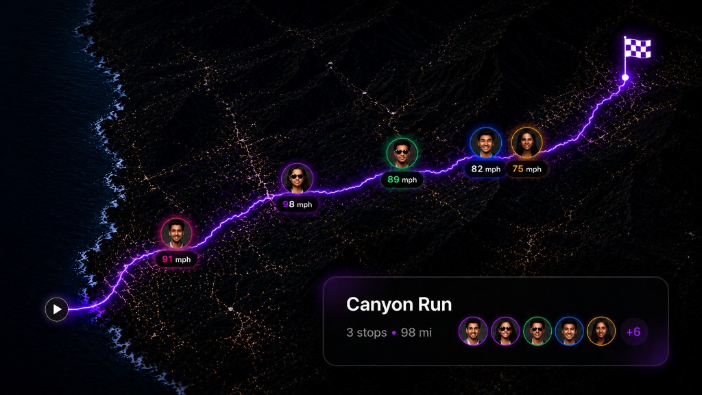 Driftd Canyon Run map at night: purple route with squad avatars, live speeds, checkered finish, and run summary card.