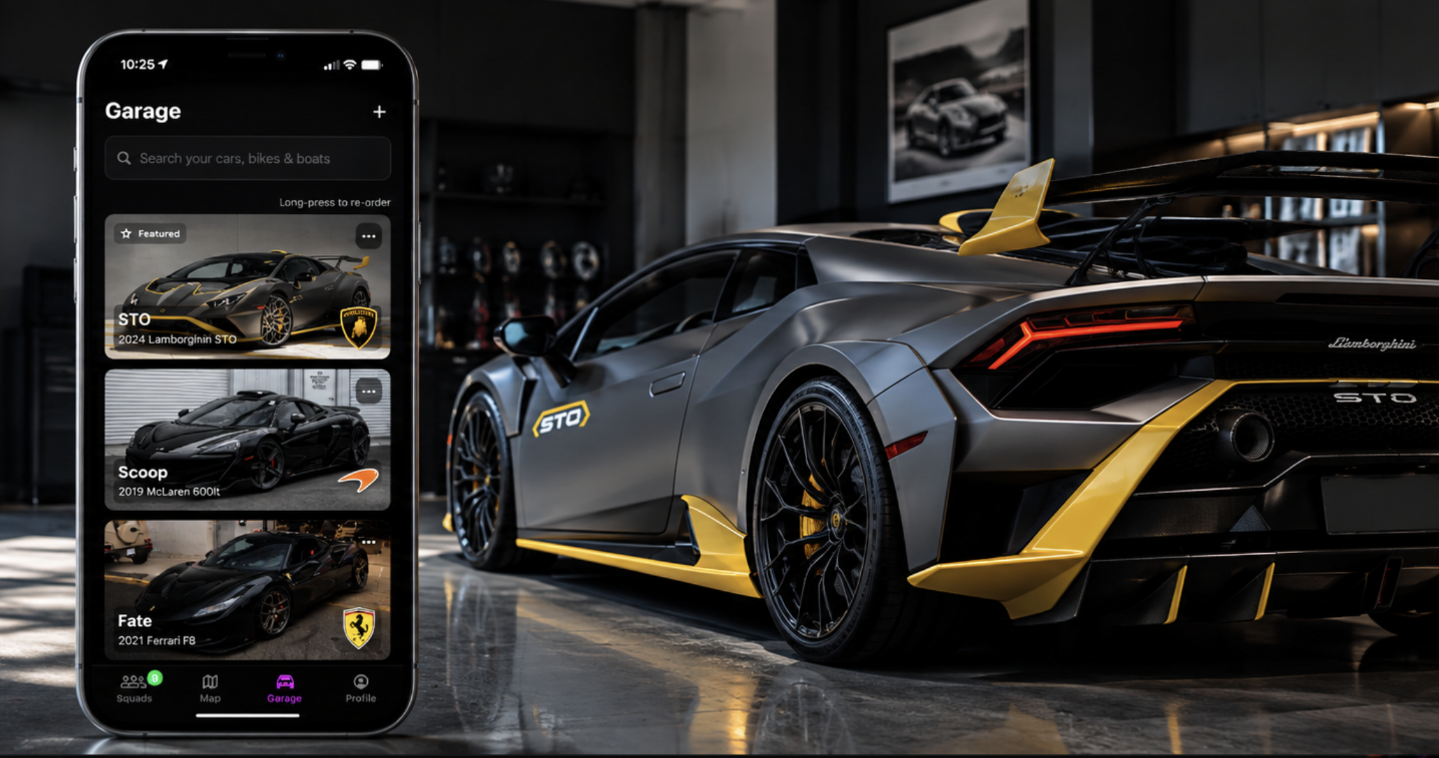 A gray Lamborghini in a garage beside the Driftd garage screen