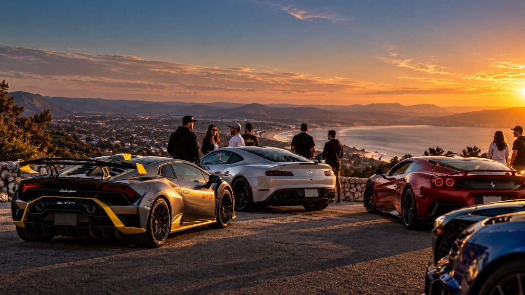 Friends with their cars at a coastal overlook at sunset