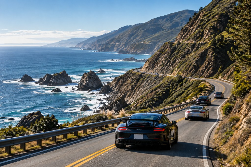 Sports cars on the Big Sur coastal highway above the Pacific